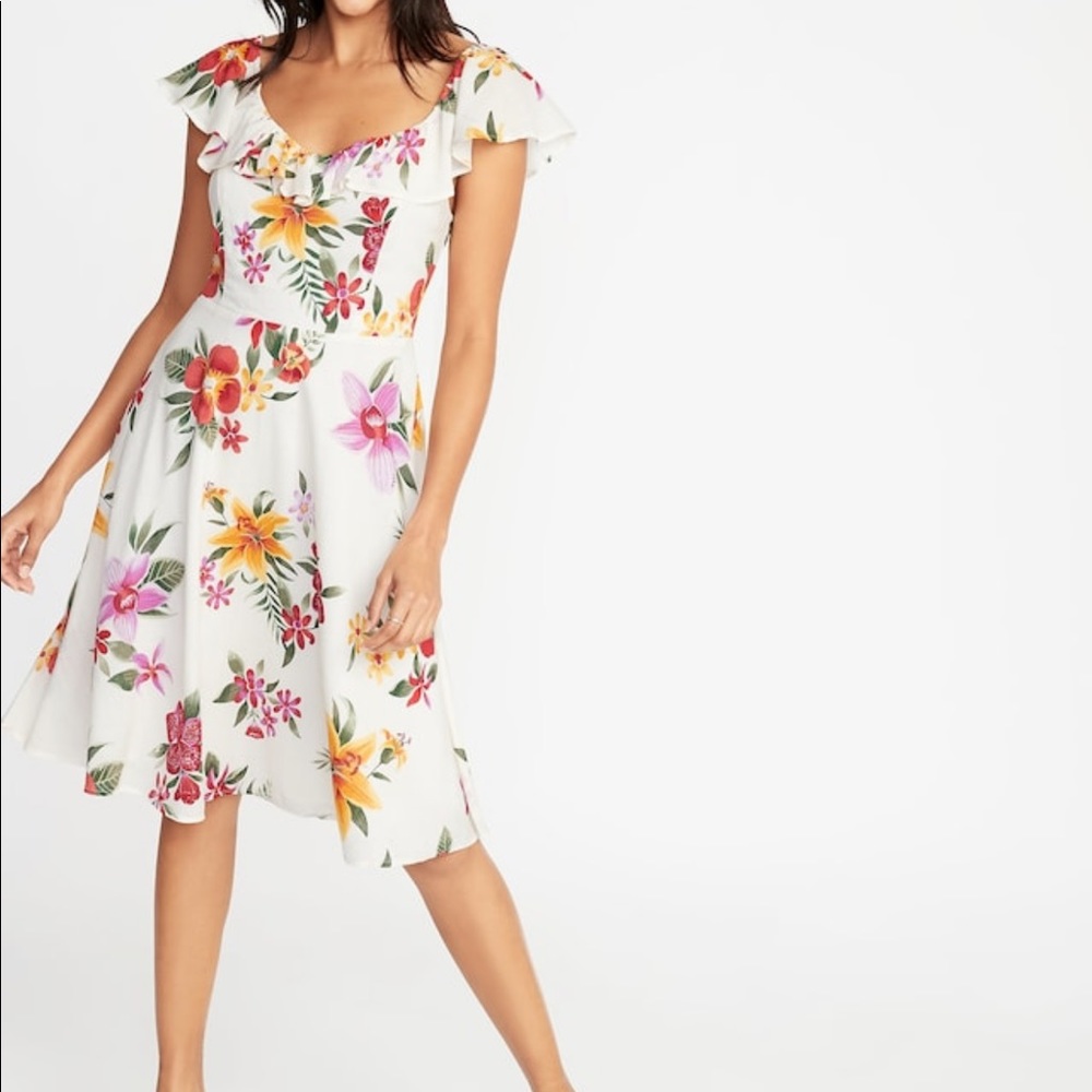 White Floral Fit & Flare Ruffle-Trim Cami Dress